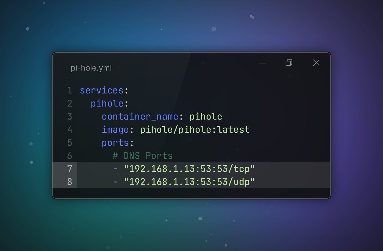 Screenshot of a pihole.yml docker compose file.