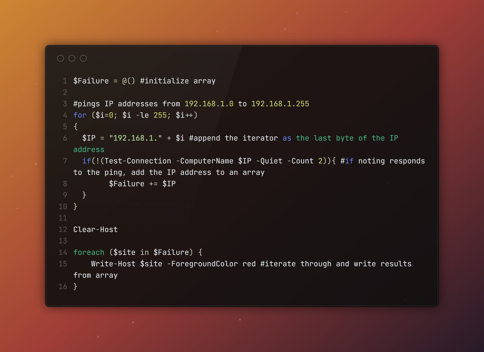 PowerShell ping range output and script workflow visual.