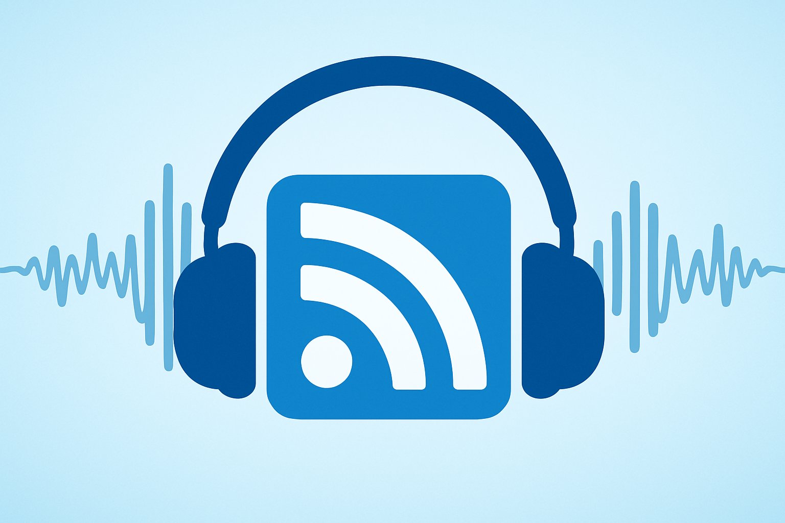 Stylized digital illustration of a beige headphone set encircling a small blue RSS icon with white signal arcs, set against a smooth blue-to-orange gradient background with a subtle grey audio waveform running horizontally behind.