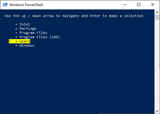 Screenshot of the PowerShell menu template script running